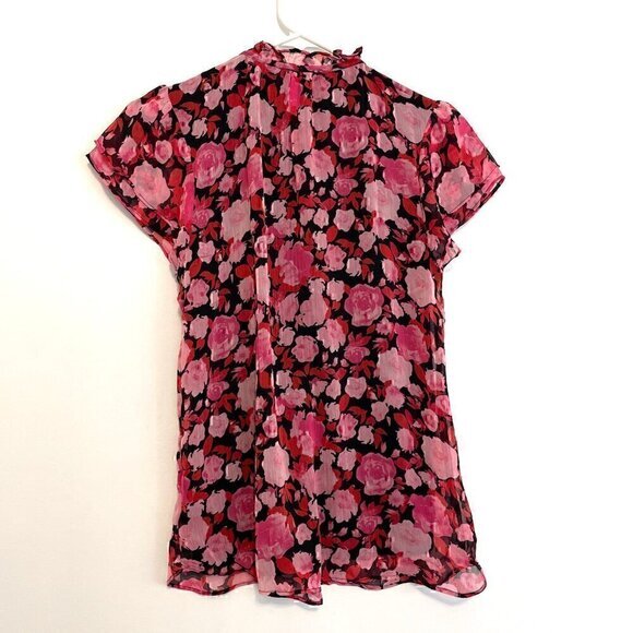 TAMARA H. Short Sleeve Double Ruffle V-Neck Chiffon Blouse Black Pink Red Floral - Picture 11 of 14